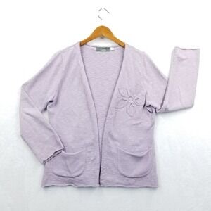 Willow Cardigan Women Large Lavender‎ Floral Applique Open Front Sweater Pockets